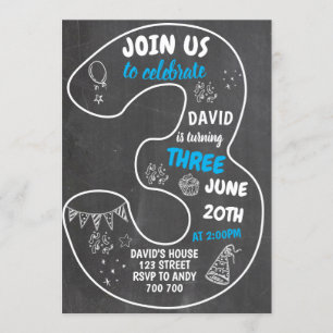 Boy 3rd Birthday Chalkboard Number Blue Invitation