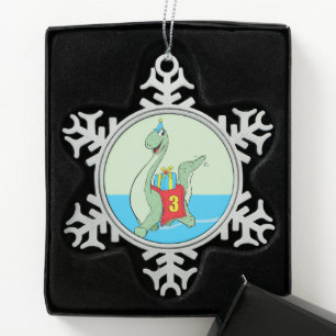 Boy, 3rd Birthday Dinosaur Snowflake Pewter Christmas Ornament