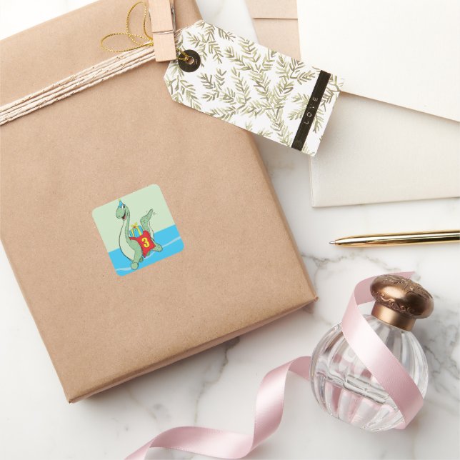 Boy, 3rd Birthday Dinosaur Square Sticker (Gifting)
