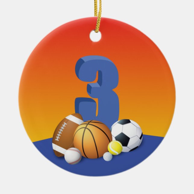 Boy 3rd Birthday Sports Balls Ceramic Tree Decoration (Front)