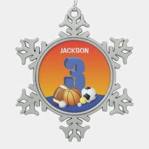 Boy 3rd Birthday Sports Balls Snowflake Pewter Christmas Ornament