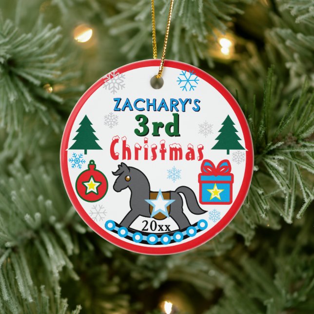 Boy 3rd Christmas PHOTO Gray Blue Horse Ceramic Tree Decoration (Tree)