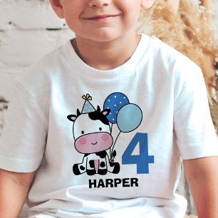 Boy 4th Birthday Cow Blue Balloons Personalised T-Shirt