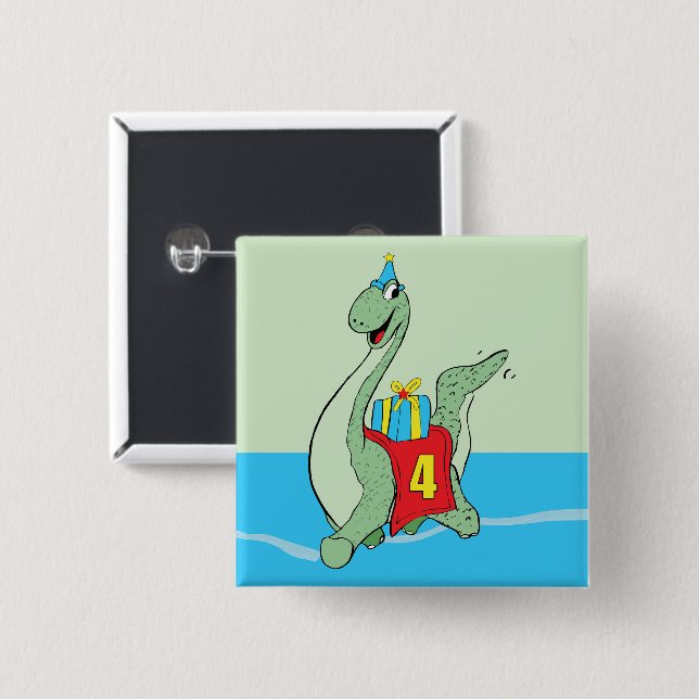 Boy, 4th Birthday Dinosaur 15 Cm Square Badge (Front & Back)