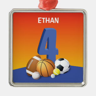 Boy 4th Birthday Sports Balls Metal Tree Decoration