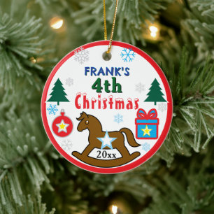 Boy 4th Christmas Rocking Horse INSERT PHOTO Ceramic Tree Decoration