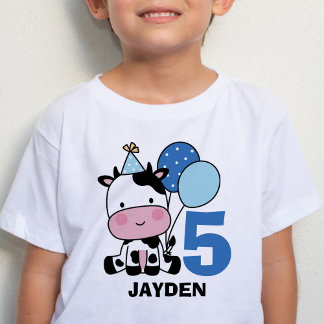 Boy 5th Birthday Cow Blue Balloons Personalised T-Shirt