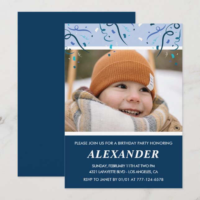 Boy 5th birthday invitations Photo Navy Blue (Front/Back)