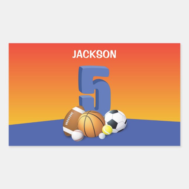 Boy 5th Birthday Sports Balls Rectangular Sticker (Front)