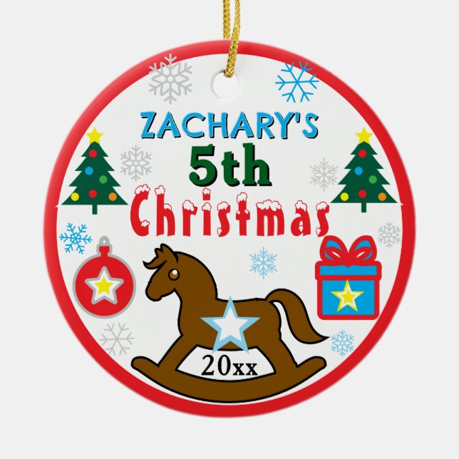 Boy 5th Christmas Horse Tree PHOTO Ceramic Tree Decoration (Front)