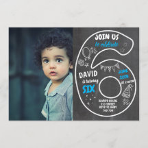 Boy 6th Birthday Chalkboard with Photo Number Blue