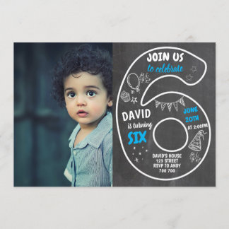 Boy 6th Birthday Chalkboard with Photo Number Blue Invitation