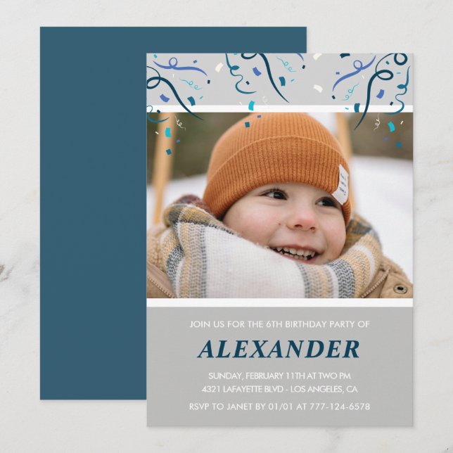 Boy 6th birthday invitations Confetti Photo Navy (Front/Back)