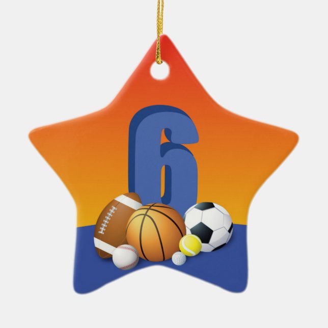 Boy 6th Birthday Sports Balls Ceramic Tree Decoration (Front)
