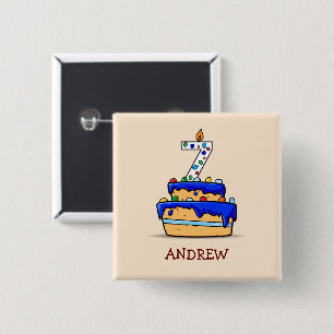 Boy 7th Birthday, 7 on Sweet Blue Cake 15 Cm Square Badge