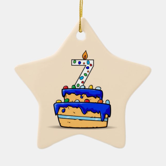 Boy 7th Birthday, 7 on Sweet Blue Cake Ceramic Tree Decoration (Front)
