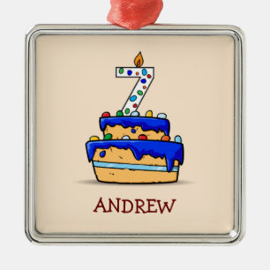 Boy 7th Birthday, 7 on Sweet Blue Cake Metal Tree Decoration