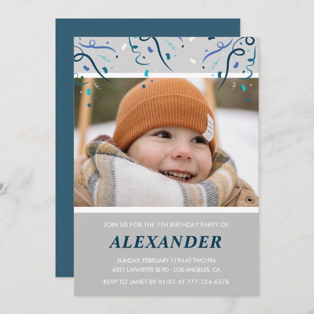 Boy 7th birthday invitations Confetti Photo Navy (Front/Back)