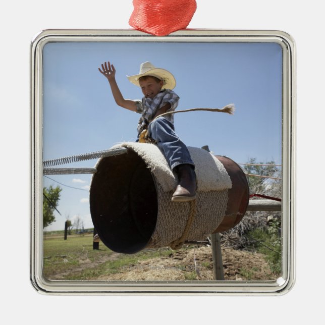 Boy (8-10) riding makeshift rodeo bull metal tree decoration (Front)