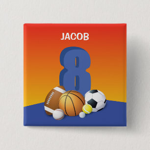 Boy 8th Birthday Sports Balls 15 Cm Square Badge