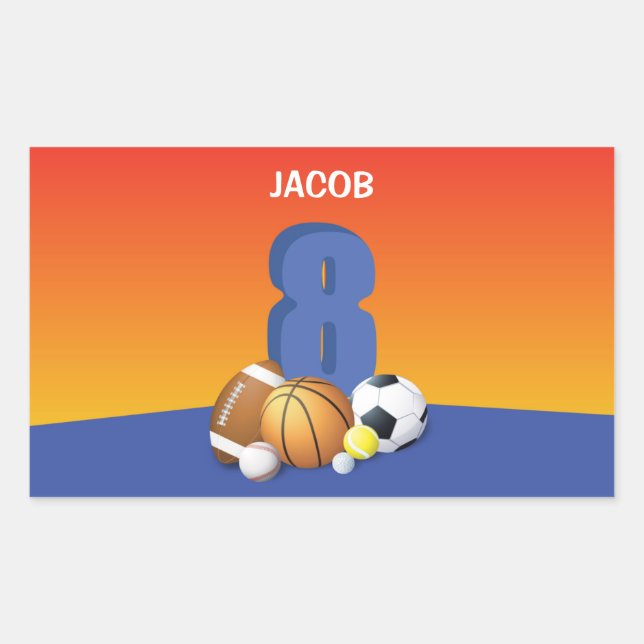 Boy 8th Birthday Sports Balls Rectangular Sticker (Front)