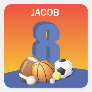 Boy 8th Birthday Sports Balls Square Sticker