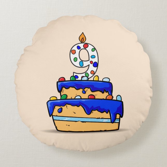 Boy 9th Birthday, 9 on Sweet Blue Cake Round Cushion (Front)