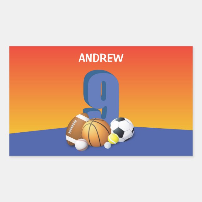 Boy 9th Birthday Sports Balls Rectangular Sticker (Front)