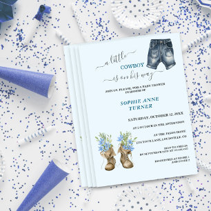 Boy A Little Cowboy Boots Blue Floral Baby Shower Invitation