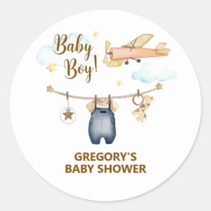 Boy Adventure Clothesline Airplane Sky Baby Shower Classic Round Sticker