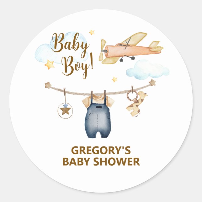 Boy Adventure Clothesline Airplane Sky Baby Shower Classic Round Sticker (Front)