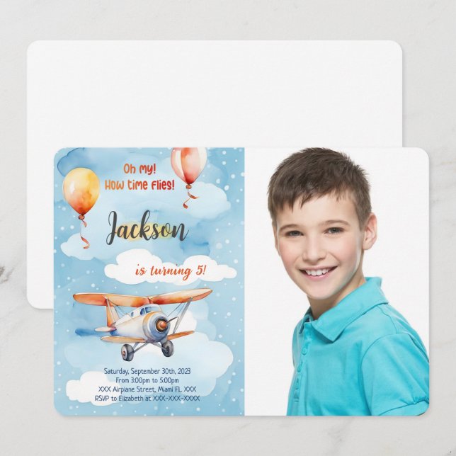 Boy Aeroplane Birthday Party Photo Invitation (Front/Back)