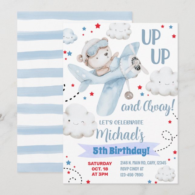 Boy aeroplane party invitation, bear plane birthda invitation (Front/Back)