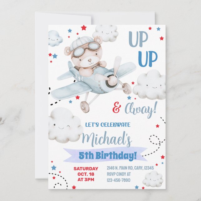 Boy aeroplane party invitation, bear plane birthda invitation (Front)