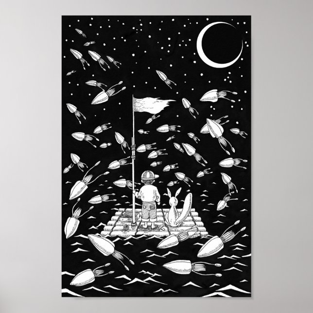 Boy and a fox drifting on a raft. poster (Front)
