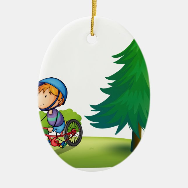 Boy and bike ceramic tree decoration (Front)