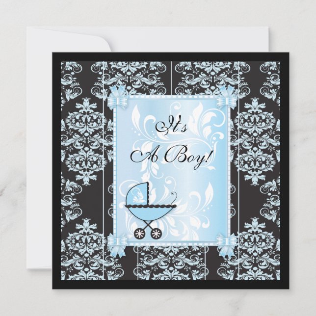 Boy and Black Damask Baby Shower Invitation (Front)