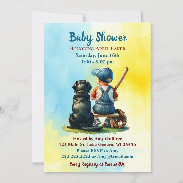 Boy and Black Lab Baseball Blue Baby Shower Invitation (Front)