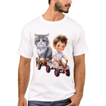 Boy and cat on top of the car t-shirt