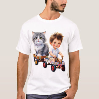 Boy and cat on top of the car t-shirt