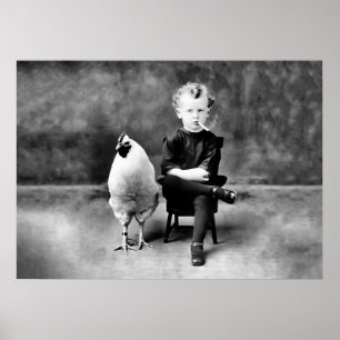 Boy and Chicken, Black and White, Funny Vintage  Poster