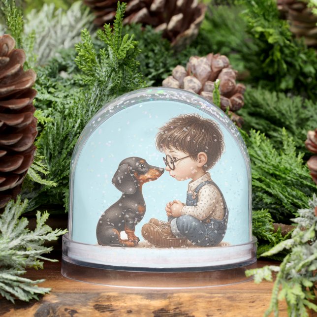 Boy and Dachshund Puppy Snowglobe (Winter)