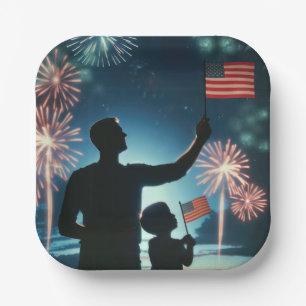 Boy and Dad With American Flags and Fireworks Paper Plate