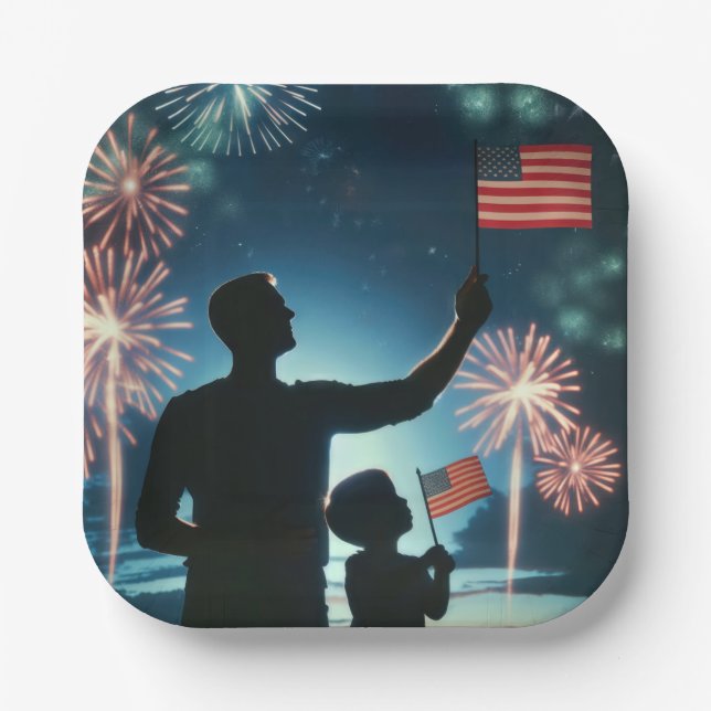 Boy and Dad With American Flags and Fireworks Paper Plate (Front)