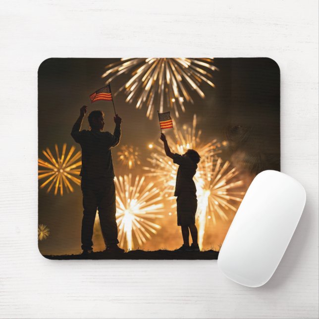 Boy and Dad With Flags and Fireworks Mouse Mat (With Mouse)