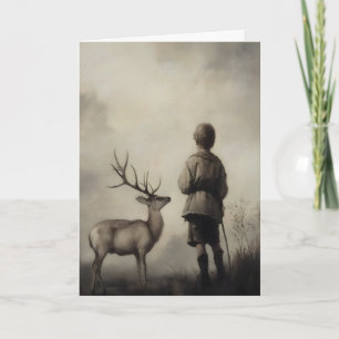 Boy and Deer Vintage Art Print Moody Landscape Card