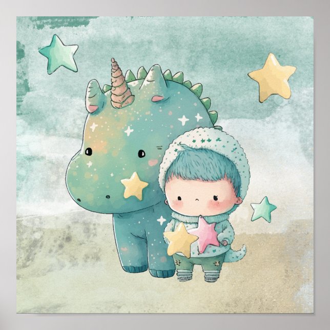 Boy And Dinosaur Friend Nursery Wall Art (Front)
