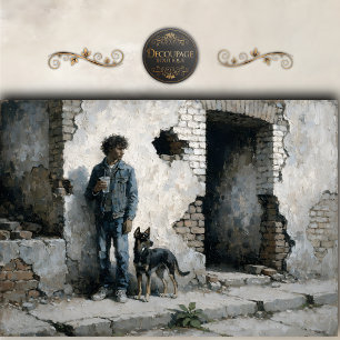 Boy and Dog in Urban Ruins Neutral Tones decoupage Tissue Paper
