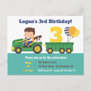 Boy and Dog on Tractor With Balloons Birthday Invitation
