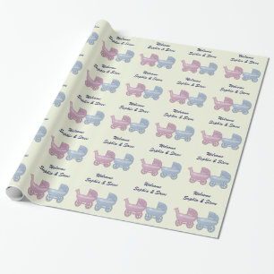 boy and girl baby buggy wrapping paper